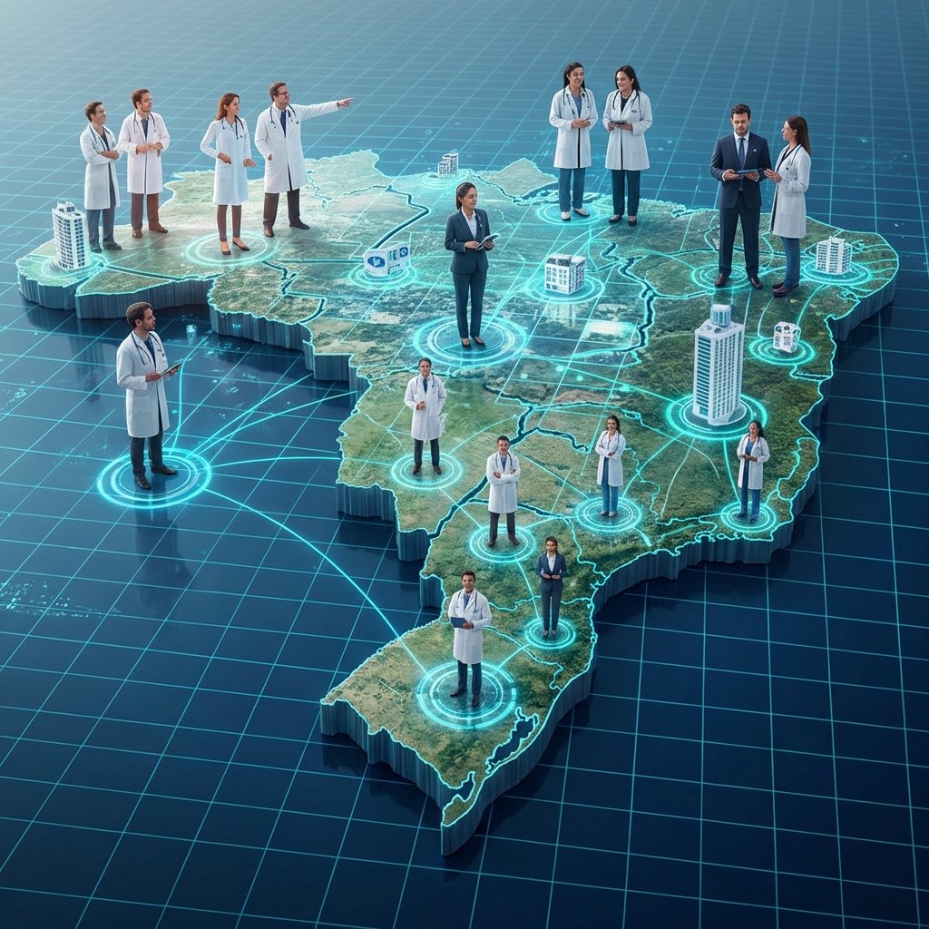 Mapa do Brasil 3D com profissionais de saúde